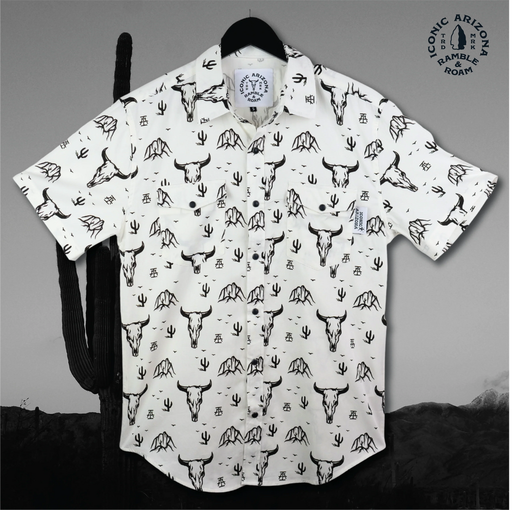 TOPS-SS BUTTON- ICONIC ARIZONA-Skull Mountain-WHITE