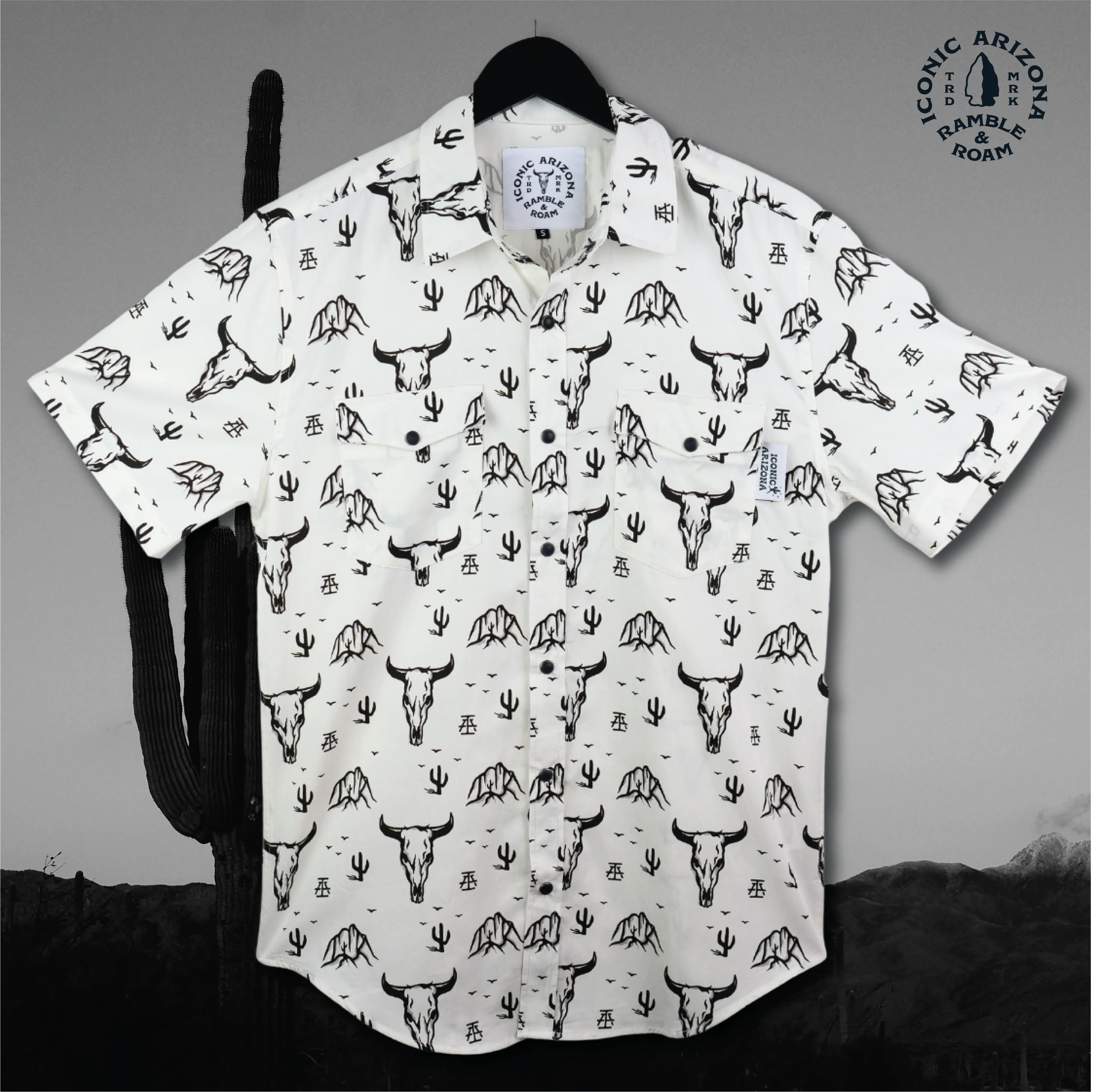 TOPS-SS BUTTON- ICONIC ARIZONA-Skull Mountain-WHITE
